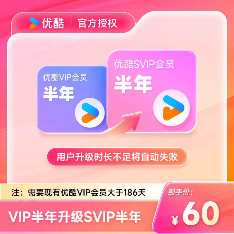 【自动充值】优酷视频VIP升级SVIP『6个月』 - ¥53.91